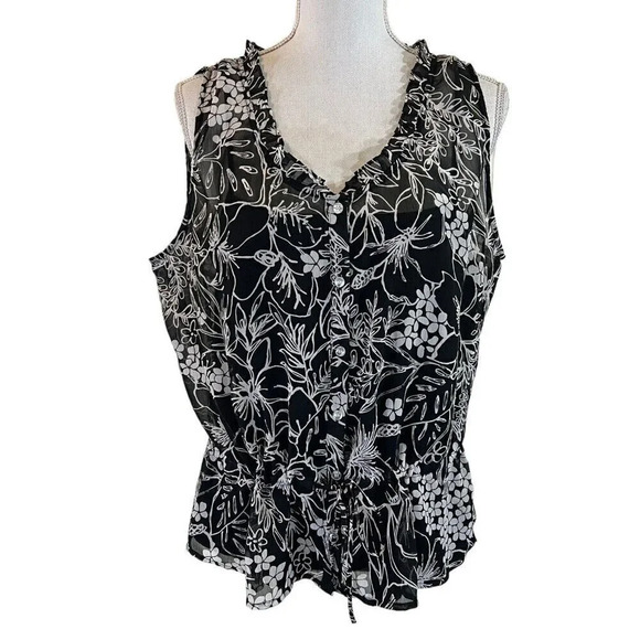 Liz&co Black And White Button Up XL Drawstring Waist Ruffled Trim Cami Lined Top - Picture 1 of 11